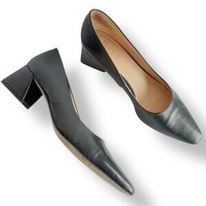 Franco Sarto Racer Pump Black Leather Prep Pointy Toe Low Artful Block Heel 8.5